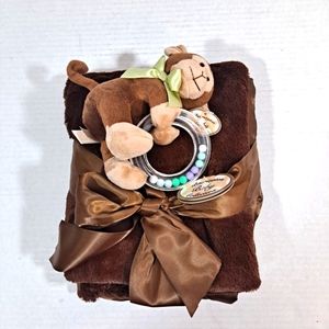Bearington Baby Collection Monkey Rattle and Crib Blanket Set NWT Brown Satin